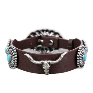 Western Style Longhorn Steer Concho Leather Buckle Bracelet